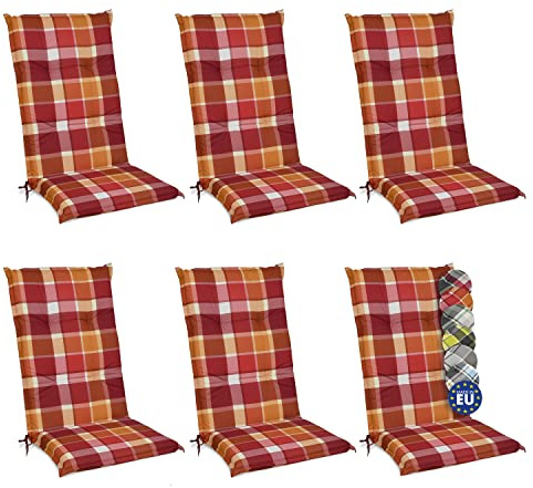 Beautissu 6er Set Hochlehner Auflagen Set Gartenstühle 120x50 cm Polster Rot Kariert – 6cm Dicke Polsterauflage Bequem, rutschfest & UV-Lichtecht 5 – Stuhlkissen Sitzauflage – Sunny RO