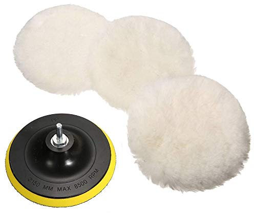 VOANZO Tamponi tampone per lucidatura, Cappucci per lucidatura Auto da 6 Pollici Lana di Agnello, Kit tamponi tampone con Adattatore Trapano M16 Confezione da 5 Pezzi