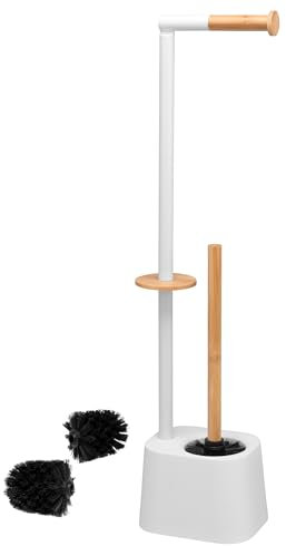 bremermann - Escobillero 3 en 1 con soporte para rollos de papel higiénico, escobilla y soporte para rollos de papel higiénico de bambú, blanco