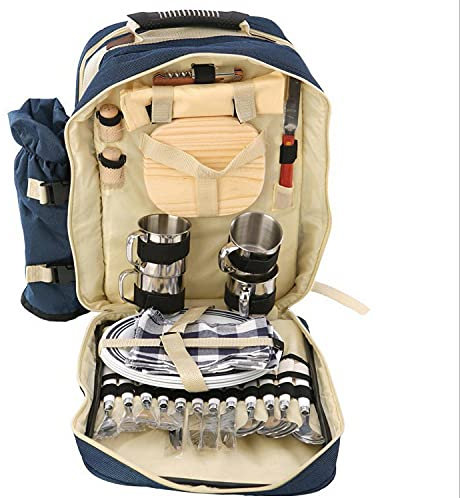 scosao Sac à Dos Pique-Nique 4 Personnes Isotherme Panier Pique Niques avec Ensemble de Vaisselle et Support de vin Détachable, pour Hommes Femmes, Randonnée, Camping, Barbecues,Blue