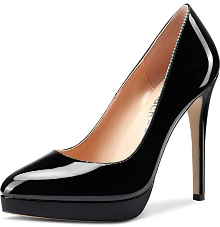 Aachcol Femmes Plate-Forme Aiguille Haut High Talon Heel Escarpins Fermé Pointu Bout Slip-on Chaussures Mariage Bureau Party Dress Classique 12 CM Noir Vernis 39 EU