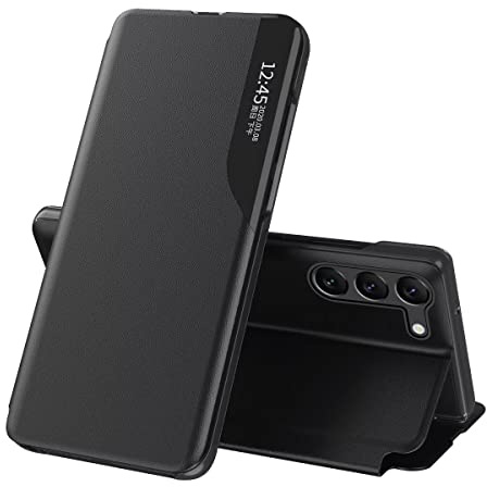 EASSGU Läderfodral till Samsung Galaxy S23 (6,1 tum) sidfönster flip cover PU-läder telefonfodral repbeständigt stötsäkert skyddande fodral – svart