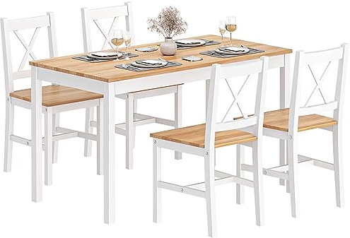 DlandHome Juego de 5 piezas de mesa de comedor con 4 sillas, conjunto de muebles de cocina de madera de pino Teca/Blanco