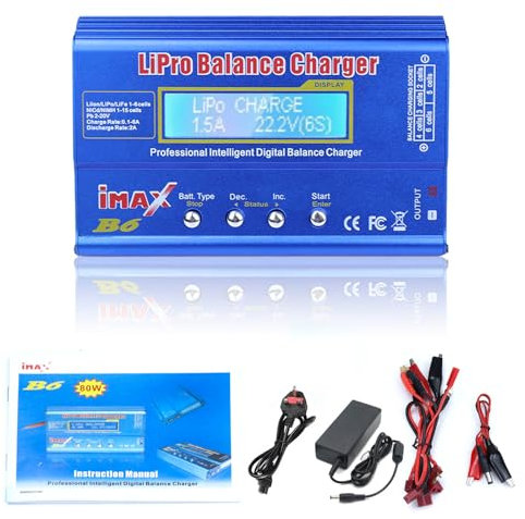 Woeau Lipo Battery Charger - Digital LCD Lipo Balance Charger with Adapter, Blue Lipo Balance Charger for Li-ion, Li-Fe, LiHV Battery (1-6S), NiCd (1-15S), NiMH (80W)