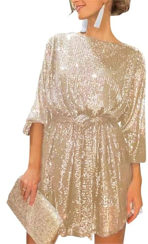 ORANDESIGNE Robe de Paillettes à Col V pour Femme Asymétrique Épaules Nues Chic Robe de Soirée Élégante Robe Mini Brillante Paillette Disco Casual Robe à Manches Longues A Or L