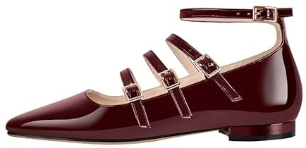 MissHeel Ballerines plates classiques Mary Jane avec boucles à lanières, rouge bordeaux, 43 EU