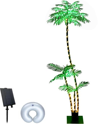 SOSHOT 6FT Solar Lighted Palm Trees for Outside Patio Light Up 260 LED Artificial Fake Tree Lights for Pool Bar Tropical Party Deck Outdoor Decorations