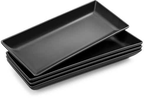 MALACASA Piatti da Portata in Porcellana 36 x 15,3 x 3,6 cm, Set di 4 Pezzi, Piatti da Portata Rettangolari Grandi per Buffet, Sushi, Torte, Antipasti a Casa, Feste o al Ristorante, Nero Opaco