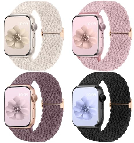 Mastten 4-pack Solo Loop flätade remmar kompatibla med Apple Watch-remmar 40 mm 41 mm 38 mm 42 mm 44 mm 45 mm 46 mm 49 mm kvinnor män, stretchig rem elastiskt sportband för iWatch SE 10 9 8 7 6 5 4 3
