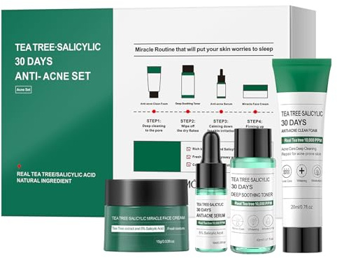 Tea Tree Salicylic Acid Acne Kit,Salicylic Acid Glycerin 4-In-1 Acne Skincare Set with Facial Cleanser、Toner、Scerm、Cream--Anti-Aging to Fight Enlarged Pores and Pimples Skin Care Kit for Women&Men