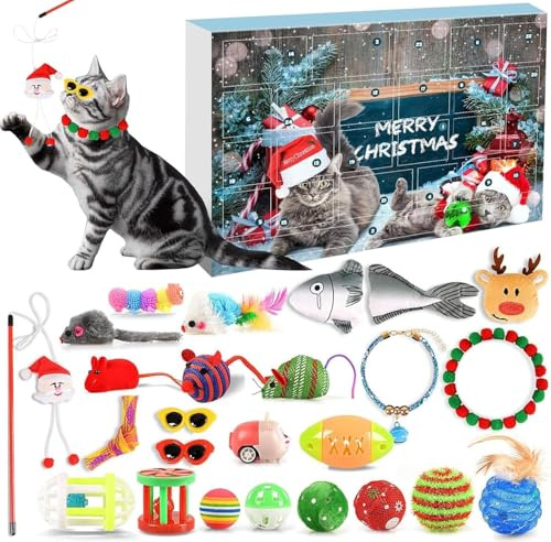 Cat Advent Calendar 2024, 2024 Christmas Calendar for Kitten, 24 Pieces Cat Feathers and Ball Bells, 24 Day Countdown for Kitten for Cat Lovers