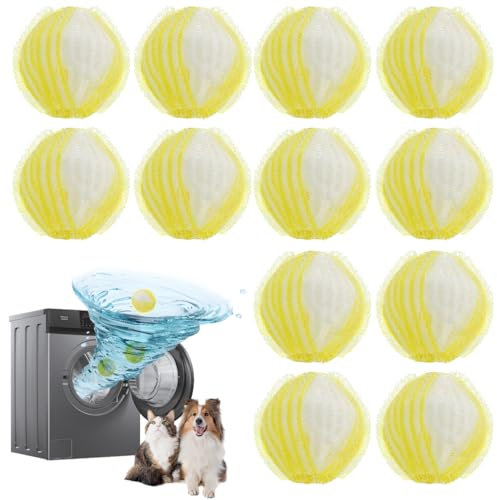 Tierhaarentferner Waschmaschine,12 Stücke Waschbälle,Flusenkugeln,Haarfänger für Wäschetrockner, Tierhaare Waschmaschine,Wiederverwendbar Fusselbälle,Entfernt Tierhaare,Fusseln & Flusen(Gelb)