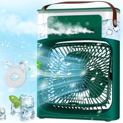 BuzzoXerex Climatiseur Mobile Portable, Mini Refroidisseur D'air, Mini Air Climatiseur Ventilateur, Air Cooler fan con 3 Velocità, Timer, 7 Lumières LED, Modes de Brumisation (Vert)