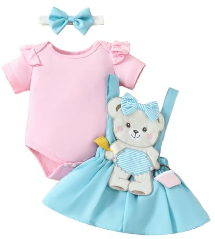 LUVCES Set di Gonne Estive per Neonata Volant Manica Corta Tutina Top +Stampa Floreale/Orso Bretelle Abito+ Fascia per Capelli 3Pcs Vestiti Completino Orso blu e rosa 0-3 Mesi