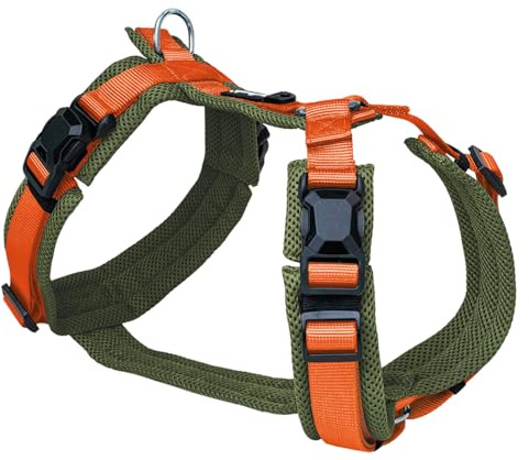 Petlando Hundegeschirr Magnetech Y-Comfort – Innovative Magnetschnalle, atmungsaktiv, mit Mesh gepolstert, stufenlos verstellbar – Olive/orange L (Halsumfang 46-80cm, Brustumfang 56-82cm)