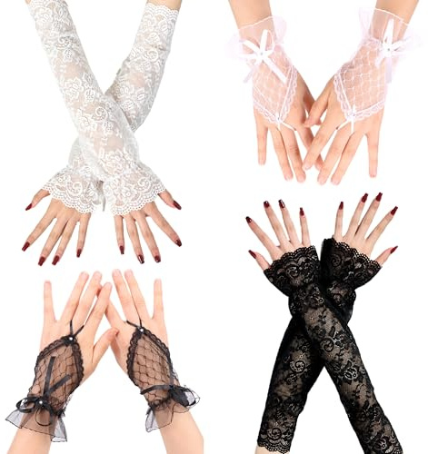 JNYUTEEN 4 Pares Guantes de Encaje, Guantes Largos Cortos de Encaje para Mujer, Guantes Sin Dedos Guantes De Fiesta Novia Guantes Guantes Encaje Rejilla para Boda Espectáculos Bailes de Graduación
