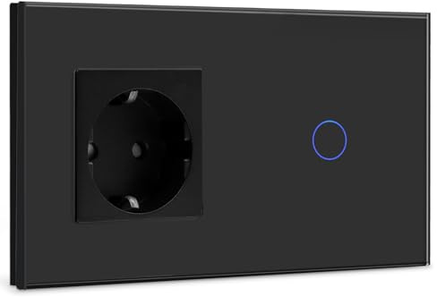 BSEED Steckdose mit Lichtschalter,Glas Touch Lichtschalter Unterputz Schalter,Schuko Steckdose mit 1 Fach 1 Wege Wandschalter Schwarz(Nicht Smart Schalter)