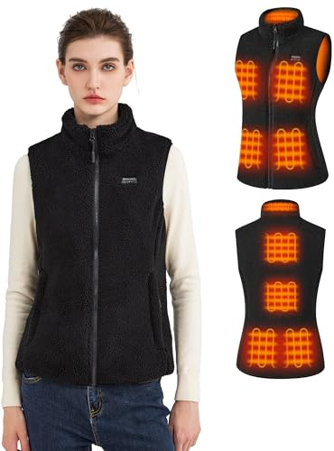 Hecusma Black Fuzzy Heated Vest for Women with 16000mAh 7.4V Battery Pack Included, Sherpa Heated Vest Women, Fleece Heating Vests Cycling-M