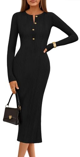 MEROKEETY Women's Bodycon Sweater Dress 2025 Fall Winter Long Sleeve Button Crew Neck Ribbed Knit Midi Work Dresses, Black, M