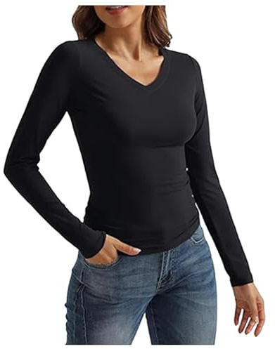 Tee Shirt Manche Longue Femme Col V, Haut Moulant Slim Fit-Top Sexy Extensibles Tendance Tunique Basique DéContracté Pullover Chic Et ÉLéGant pour L'ExtéRieur Le Quotidien Les Rendez Vous