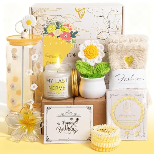 Birthday Gifts for Women Her Wife Mom, Unique Happy Birthday Gift Baskets for Easter Teen Girls Friend Sister, Thank You Gifts Set for Mother Teacher Coworker, 14pcs Cute Daisy Box Present (Yellow)
