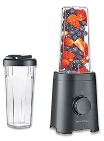 Severin Mixer & Smoothie Maker, Mix & Go, 2 Trinkbehälter á 600ml, spülmaschinengeeignet, Standmixer mit Trinkverschluss, 2 Leistungsstufen, Edelstahl-Messer, Auto-Cleaning, 320 W, schwarz, SM 3743
