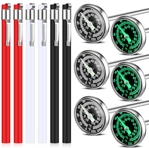 Xuhal 6 Pcs Stainless Steel Kitchen Glow Thermometer with 5 Inch Long Stem 1 Inch Dial Thermometer Milk Frothing Food for Oven Probe Meat Grill BBQ Cooking Chocolate Water(Red,White,Black)