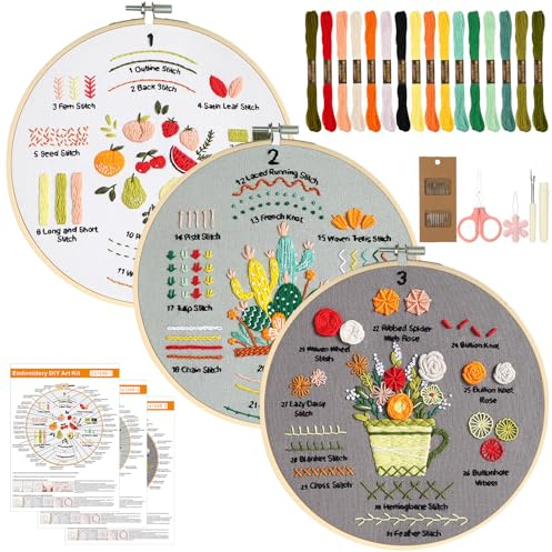 AiQInu Kit Ricamo Principianti per Imparare 40 Punti, 3 Pezzi Embroidery Kit con 16 Colori di Filo, Telaio Bambù 20cm, Forbici, Aghi, Istruzioni, DIY Set Ricamo per Adulti