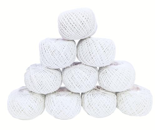 KGS Crochet Thread Set | 10 Fine Cotton Yarn Balls | Size 8 | Total 100 Grams of Pearl Cotton Thread for Crocheting, Cross Stitch, Needleword & Needlepoint Hand Embroidery (White)