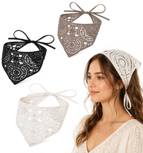 3 Pcs Head Scarf for Women, Knitted Triangle Headband Boho Hair Accessories | 3 knitted triangle headbands with boho style design, perfect for women’s daily hairstyles, festivals, outfits and accessories