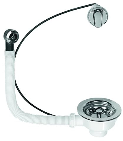 Wirquin 30723114 Bonde pour évier ø90 1 bac, plastique et métal, avec trop-plein exterieur et commande à câble, chromé