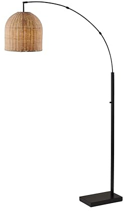 Adesso Bronze Arc Floor Lamp with a Rattan Shade – Modern, Coastal Overhead Accent Light for Bedroom, Living Room, or Home Office, 80” Tall