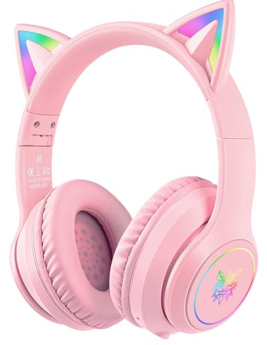 ONITOON Cat Ear Bluetooth Headphones with Micphone for Kids & Adults, LED Light Up Wireless HI-FI Sound Quality, Over-Ear Headphones with Volume Control for iPhone/iPad/Laptop/PC(55H Play Time)