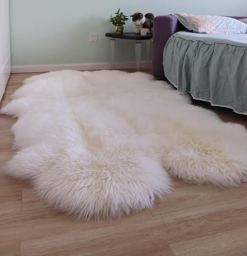 Woolous Alfombra Piel de Oveja Natural 180x120cm Grande, Alfombra de Piel de Cordero Auténtica, Lana Suave Extra Gruesa Estilo Shaggy para Salón, Dormitorio y Habitación Infantil (Marfil)