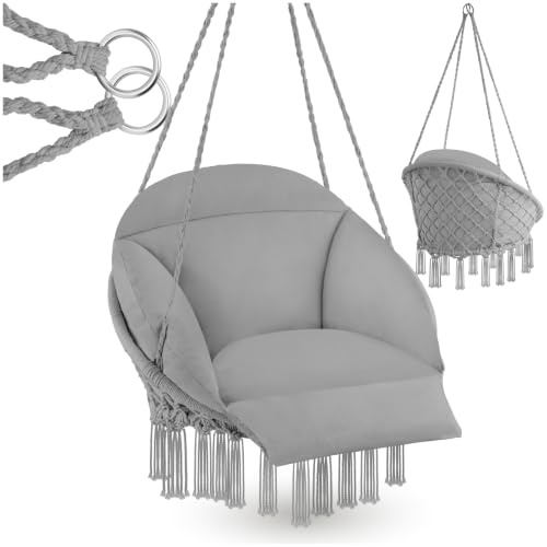 tectake® Fauteuil Suspendu Relax style boho Ø80cm, Design Intérieur & extérieur Fauteuil Relax max. 160kg Fauteuil de Lecture Cocooning 1 Place, pompons, Coussin Chaise XXL Moelleux épaisseur 10-12 cm