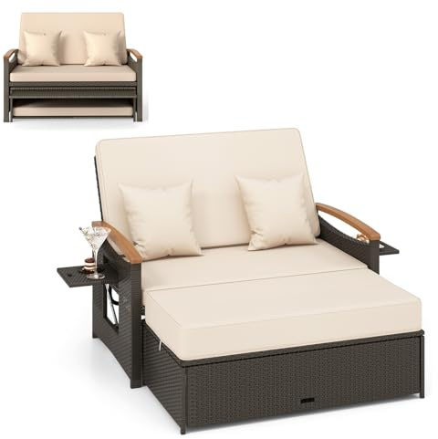 GYMAX Sofa Exterior de Ratán con Reposapiés de Almacenamiento, Conjunto Jardín de 2 Plazas con 4 Niveles y Cojines Acogedores, Bandejas Laterales Retráctiles (Marrón, S)