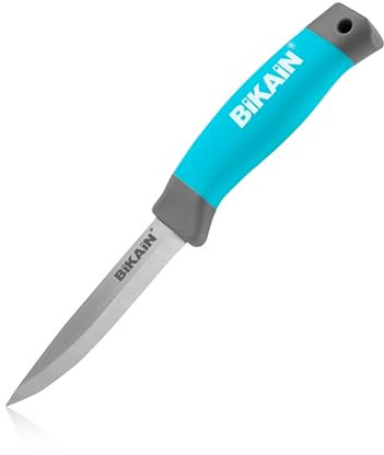 Bikain Cuchillo de Monte Multiusos de 21cm - Hoja de Acero Inox de 10 cm - Mango Engomado - Incluye Funda de Cuero en Color Azul - Ideal para Jardinería