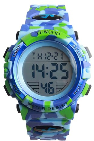 YFWOOD Kids Digital Watch,Waterproof Outdoor Watches, Children Casual Electronic Analog Quartz Wrist Watches with Silicone Band Luminous Alarm Stopwatch for Boys -Camouflage Blue