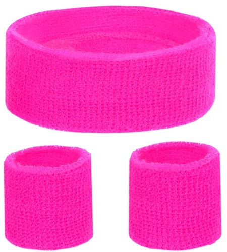 KarneLux Lot de bracelets et bandeaux éponge fluo, accessoires pour tenue rétro des années 1980 et 1990, accessoires Vokuhila pour costumes hommes et femmes (rose fluo)