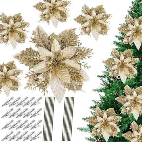 SULOLI 12 Pezzi Fiori per Albero Natale,Fiore Finti con Clip,Fiori Artificiali con Glitter Polvere per Decorazioni Natalizi,Ghirlanda (Oro)