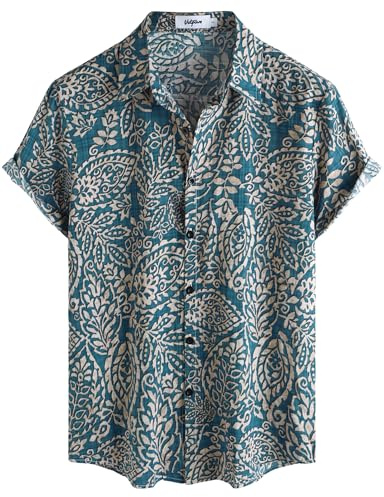VATPAVE Mens Hawaiian Shirt Short Sleeve Button Down Shirts L DarkBlue W