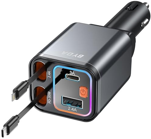 4 in 1 Retractable Car Charger,69W USB-C Fast Car Charger, for iPhone 17/16/15/14/13/12/11, Android,Pixel,Cigarette Lighter Charger (for Type C+Apple &RGB[Grey])