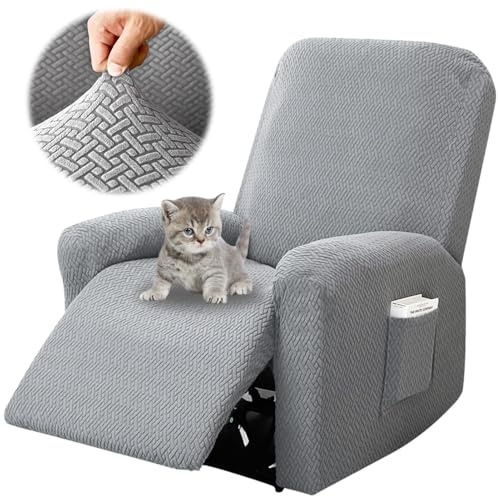 Chingcoo 4-Teilig Sesselbezug, All-Inclusive Sesselschoner für Relaxsessel, Sesselschoner für Fernsehsessel, Komplett Sesselbezug, Stretch Sessel Überzug mit Taschen (Hellgrau)