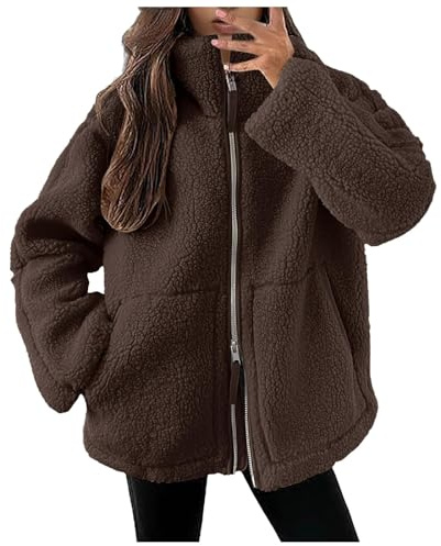 JiJiRuDU Teddyjacke Damen Winter Teddyfleece Jacke Doppelschieber Reißverschluss Winterjacke Thermal Teddy Wintermantel Einfarbig Revers Fleecejacke Flauschig Plüschjacke Outdoor Fleecemantel