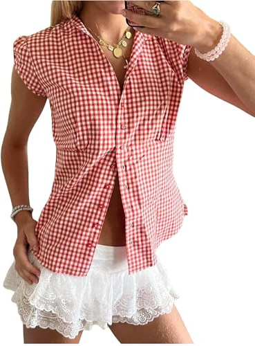 Yoisdtxc Women Button Down Shirts Ruched Slim Fit Solid Color Lapel Collar Short Sleeve Blouse Y2k Summer Shirt Tops