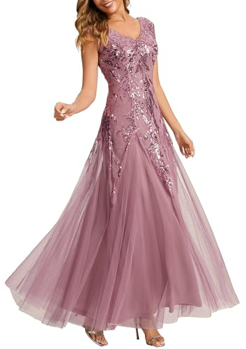 Ever-Pretty Women's Sequin Evening Gown with Cap Sleeve V-Neck Tulle Dress for Formal Wedding Guest Party Dresses