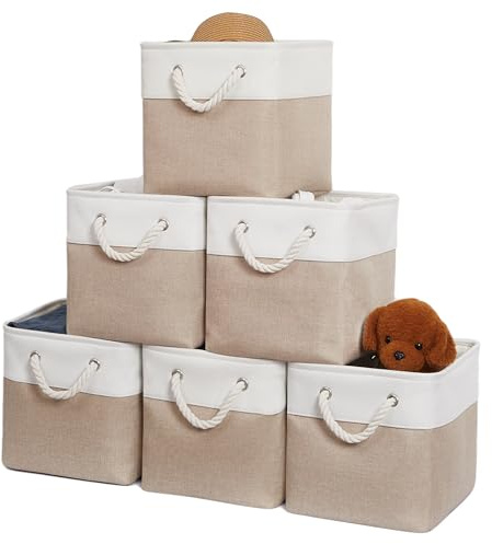 ICEMOR 28x28 cm Aufbewahrungswürfel,6er-Set großer Aufbewahrungskisten mit Griffen,zusammenklappbare Aufbewahrungskörbe,ideal zum Ordnen von Haushalten,Büros,Kleiderschränken Kleidung (Weiß&Beige)