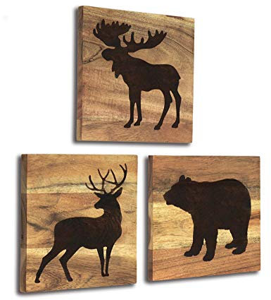 Home Rustique Décoration de cabane en bois véritable avec ours, cerf et élan – Décoration murale rustique pour la maison, la cabane en rondins, la chasse ou le pavillon de montagne, images en bois sur