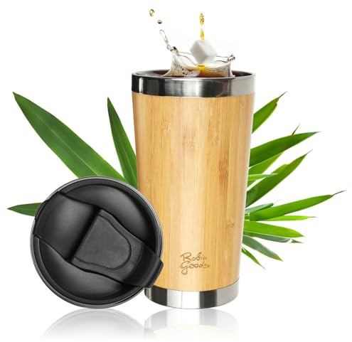Robin Goods® kopp 450 ml i bambu och rostfritt stål, dubbelvägg med plastlock, okrossbar och BPA fri, perfekt för camping och resa (1 styck - 450 ml)