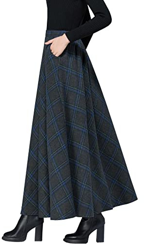 TangDao Falda Larga de Lana para Mujer Casual de Cintura elástica Cintura Alta Falda a Cuadros Línea A Falda Plisada Retro (M, Gris y Azul)
